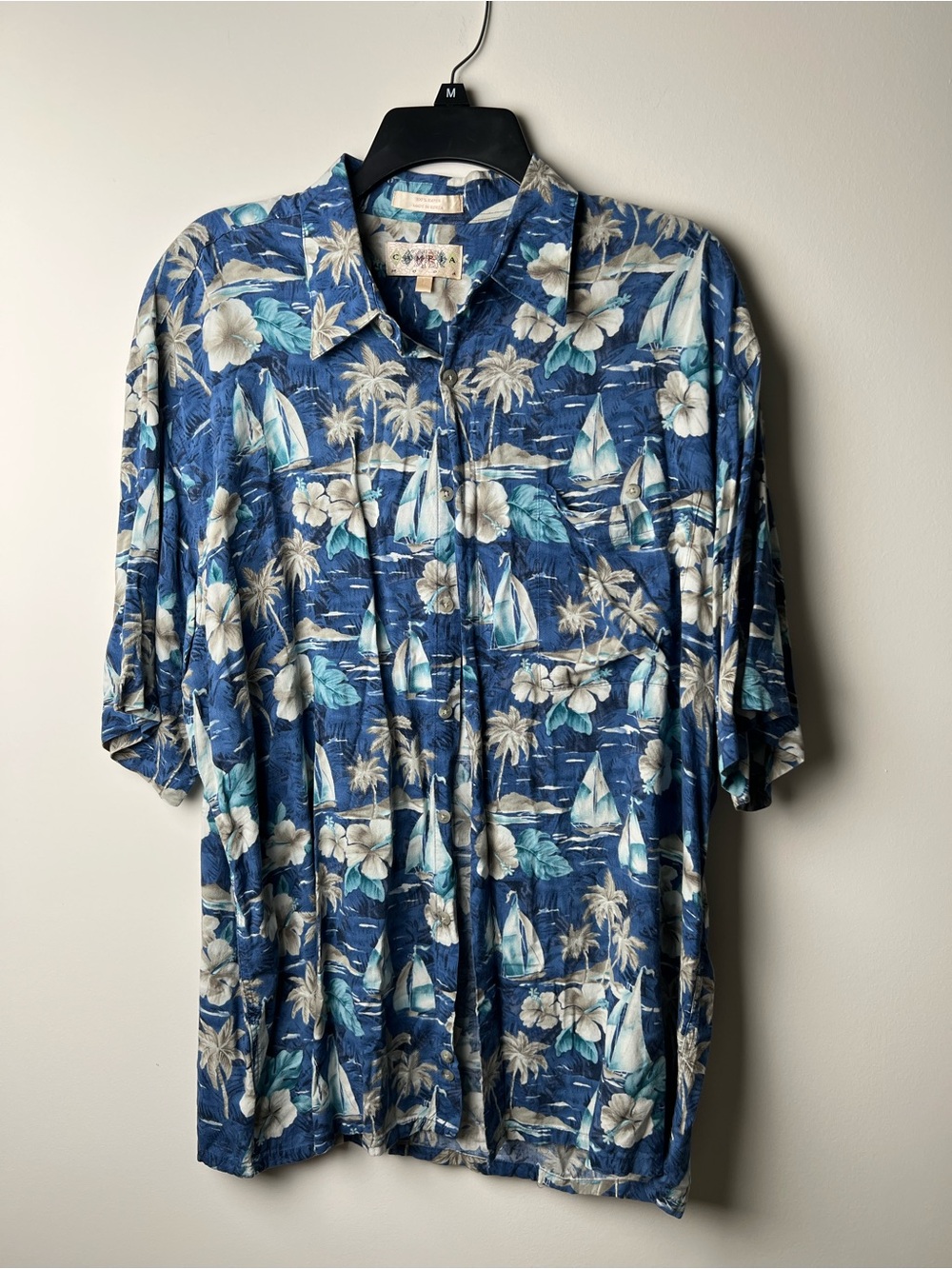 Men’s L Campia Moda Blue Tropical Button-Up Short Sleeve Shirt
